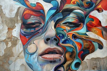 Poster - a vibrant street art mural showcasing a womans face in an abstract style on a weathered wall, explor