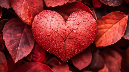 Canvas Print - Heart-shaped red leaf with water droplets on autumn foliage.