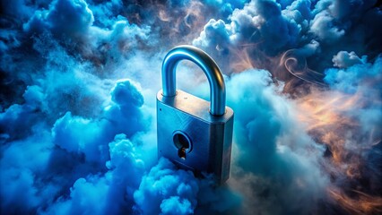 Poster - Aerial Drone Shot: Mystical Blue Padlock with Ethereal Smoke