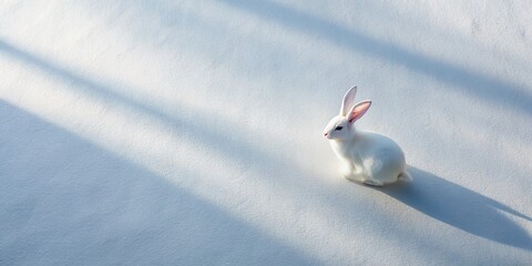 Poster - Aerial Drone Shot: Subtle Bunny Silhouette on White Canvas - Minimalist Nature Photography
