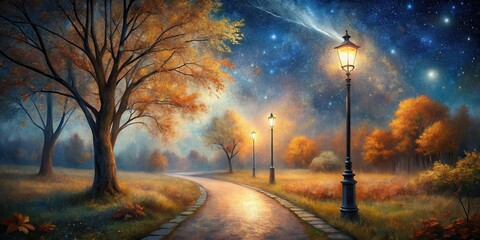 Wall Mural - Autumnal Path Under a Starry Night Sky with Glowing Streetlamps