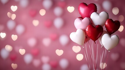 Canvas Print - Romantic heart-shaped balloons on pink bokeh background.