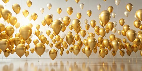 Wall Mural - A celebratory scene of many golden and off-white balloons floating in a room with a reflective floor