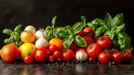 Wall Mural - Fresh vegetables and herbs arranged on a dark table. Generative AI