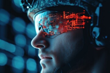 Poster - High-tech soldier wearing advanced augmented reality eyewear in a futuristic environment