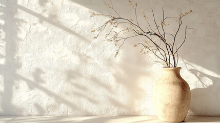 Poster - Old clay vase with branches placed against a white textured wall, illuminated by soft sunlight. Minimalist and photorealistic aesthetic with a warm, natural ambiance. Perfect for interior design, home