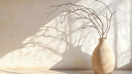 Poster - Old clay vase with branches placed against a white textured wall, illuminated by soft sunlight. Minimalist and photorealistic aesthetic with a warm, natural ambiance. Perfect for interior design, home