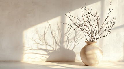 Poster - Old clay vase with branches placed against a white textured wall, illuminated by soft sunlight. Minimalist and photorealistic aesthetic with a warm, natural ambiance. Perfect for interior design, home