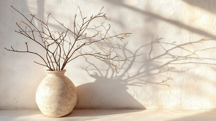 Poster - Old clay vase with branches placed against a white textured wall, illuminated by soft sunlight. Minimalist and photorealistic aesthetic with a warm, natural ambiance. Perfect for interior design, home