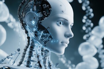 Poster - Futuristic robot head with intricate circuitry and digital elements on a dark background