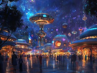 Poster - Futuristic city plaza, night scene, space tourism, vibrant crowd