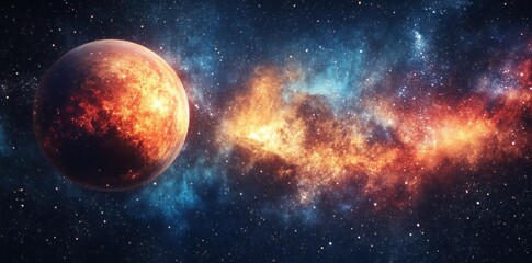 Aufkleber - Fiery planet in cosmic nebula, space background
