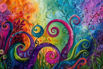 Poster - an abstract painting with colorful swirls and curves in shades of blue, green, pink, purple, and ora