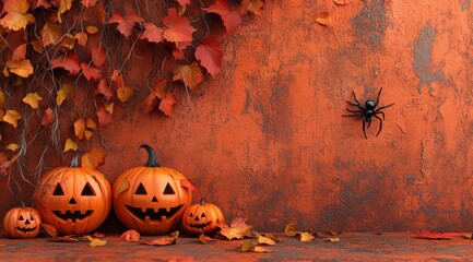 Wall Mural - Halloween background with pumpkins, autumn leaves, and a spider on an orange-colored wall. Halloween concept.