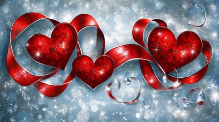 Wall Mural - Valentine's day card design featuring red ribbon shaped hearts on a silver shiny background with soft bokeh lights for a romantic and festive atmosphere
