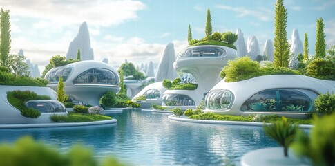 Aufkleber - Futuristic Eco-Village Lagoon, Sustainable Homes