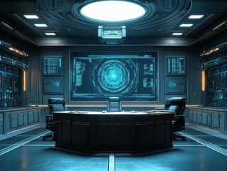 Fototapete - Futuristic Control Room Meeting; Data Screens; Space Station; Sci-Fi Interior Design