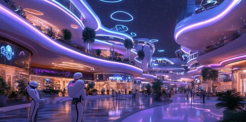 Fototapete - Futuristic mall robots night shoppers neon
