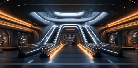 Poster - Futuristic escalators in modern building lobby