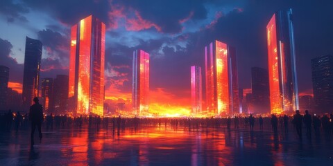 Poster - Futuristic city sunset, crowd gathers, vibrant towers