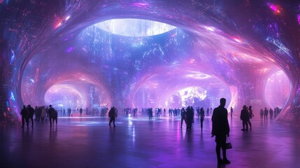 Poster - Cosmic Hall Visitors explore vibrant nebula-lit interior