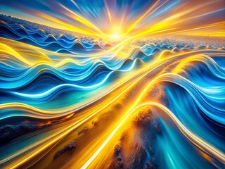 Poster - Aerial View of Vibrant Blue and Yellow Light Wave Abstract Art