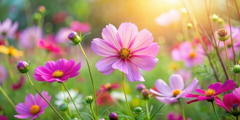 vibrant cosmos flower blossoms in a lush garden with delicate petals and soft colors amidst lush gre