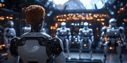 Aufkleber - Futuristic lab redhead android surveys robots