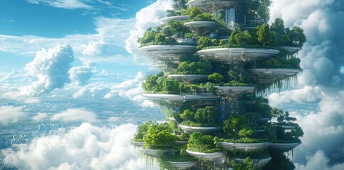 Aufkleber - Eco-tower city above clouds; futuristic design