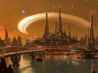 Aufkleber - Futuristic city, alien planet, rings, night, transport, concept art