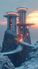 Leinwandbilder - Futuristic mountaintop towers sunset scenic