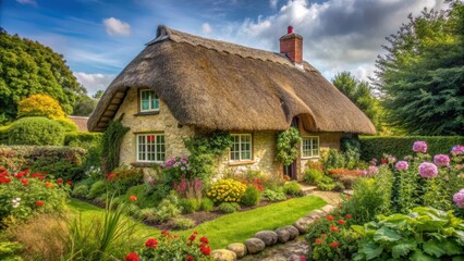 Cozy cottage with a thatched roof and overgrown garden in a rural setting, house, village,  house, village, old