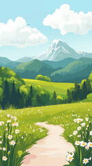 Wall Mural - Beautiful cartoon spring landscape illustration background
