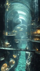 Poster - Underwater city, futuristic architecture, submerged structures, glowing lights, tranquil river, concept art