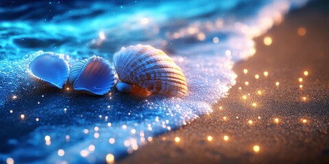 Poster - Seashells on beach at night, waves glow, fantasy