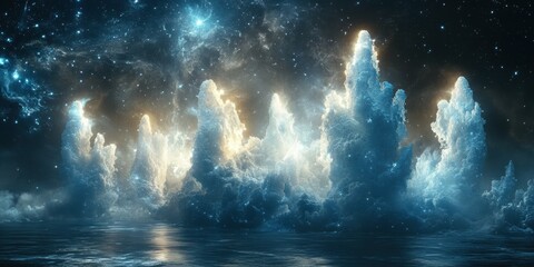 Poster - Glowing cloudscape over water, starry night, fantasy scene
