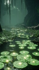 Poster - Glowing lily pads illuminate swamp river, misty forest background; game asset
