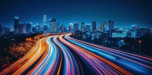 Poster - Night city highway light trails