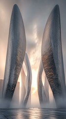 Poster - Futuristic buildings shrouded in mist at sunrise. AI.