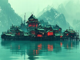 Aufkleber - Lakeside village glows, mountains backdrop, fantasy setting, game design
