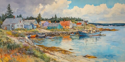 Poster - Coastal village harbor boats scenic painting