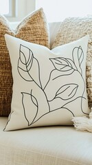 Aufkleber - Minimalist Line Drawing Showcasing a Pillow Adorned With Elegant Feather Designs on White Background