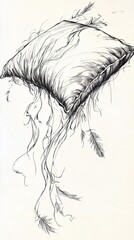 Aufkleber - Minimalist Black Line Drawing of a Pillow Surrounded by Soft Sketched Feathers