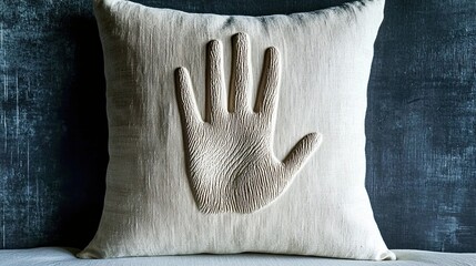 Poster - Minimalist White Pillow Featuring an Abstract Handprint Design on a Gray Backdrop