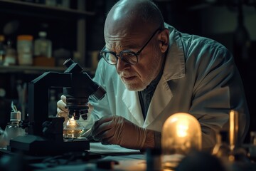 Poster - Scientist examines sample under microscope in dimly lit laboratory environment