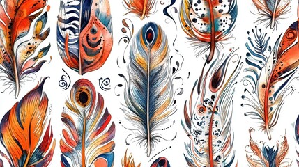 Poster - Vibrant Hand Drawn Boho Bird Feathers Express Artistic Flair in Watercolor Medium