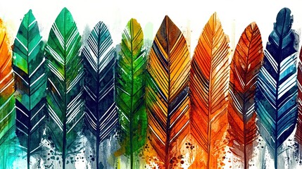 Aufkleber - Boho Watercolor Bird Feathers With Intricate Patterns and Playful Colors