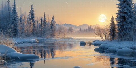 Poster - Winter sunrise, snowy river, frosted trees, mountains