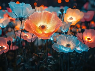 Poster - Illuminated poppies glow at night, city bokeh