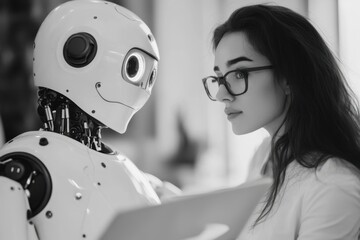 Poster - Interaction between a woman and a humanoid robot in a modern workspace setting